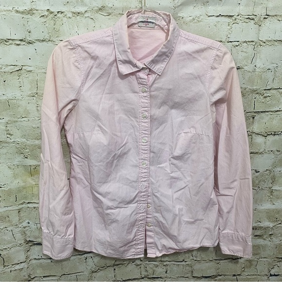 J Crew Pink White Pen Striped Cotton Haberdashery Button Up Top - Picture 1 of 4